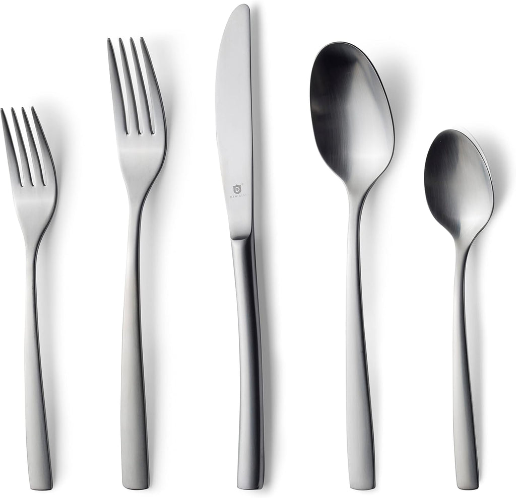 Danialli Matte Silverware Set, 18/10 Stainless Steel Satin Flatware, Modern Brushed Finish Cutlery, Dishwasher Safe & Durable, Built to Last (40-Piece, Sleek)