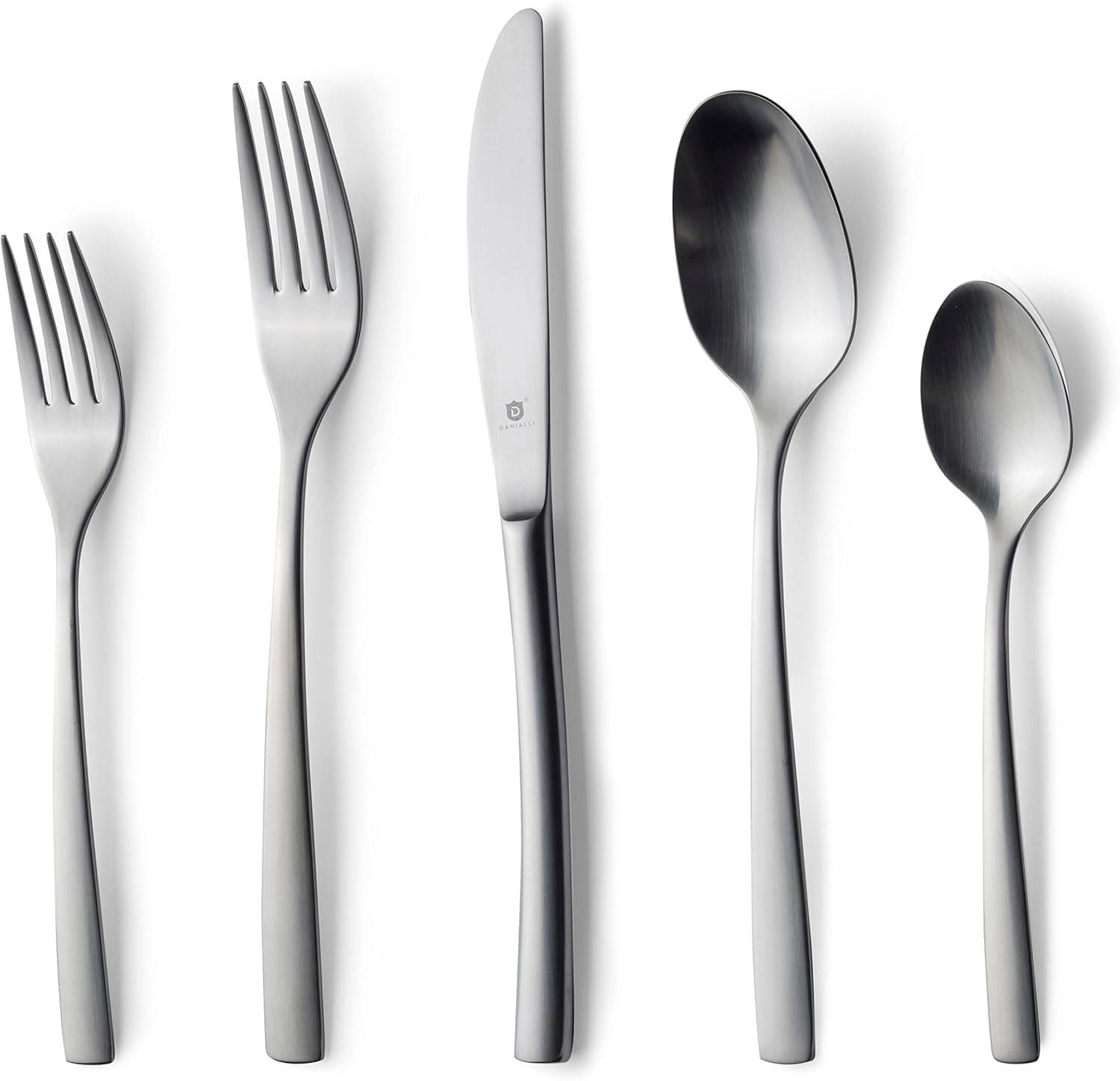Danialli Matte Silverware Set, 18/10 Stainless Steel Satin Flatware, Modern Brushed Finish Cutlery, Dishwasher Safe & Durable, Built to Last (40-Piece, Sleek)