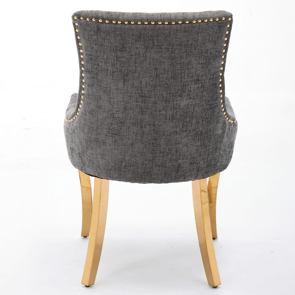 Chenille Dining Chairs Set of 2, Modern Upholstered Accent Chairs with Curved Gold-Plated Legs & Rivet Trim, Textured Fabric, One-Piece Structure for Dining/Lounge(Gray + Chenille)