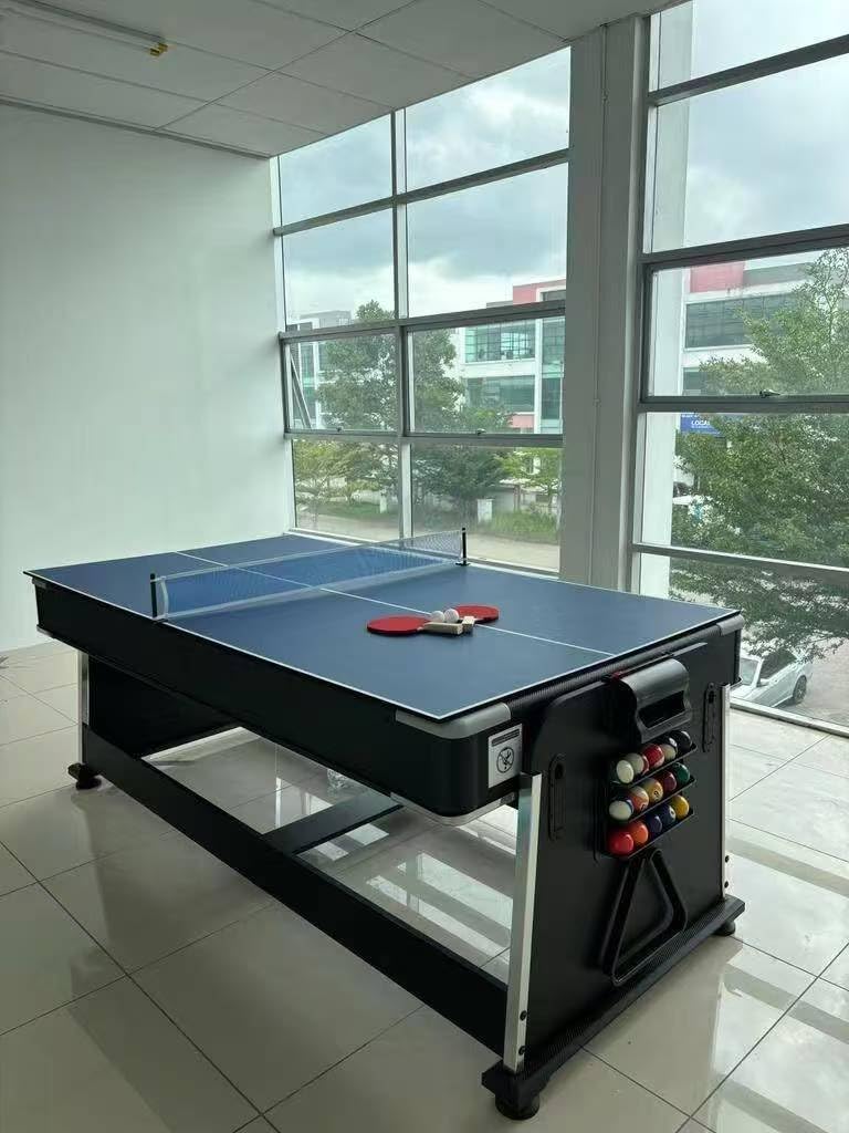 3-in-1 Convertible Pool Table, 7 Ft, Black, Indoor Outdoor Gaming Table with Air Hockey, Table Tennis, Billiards, Portable Design with No Wheels