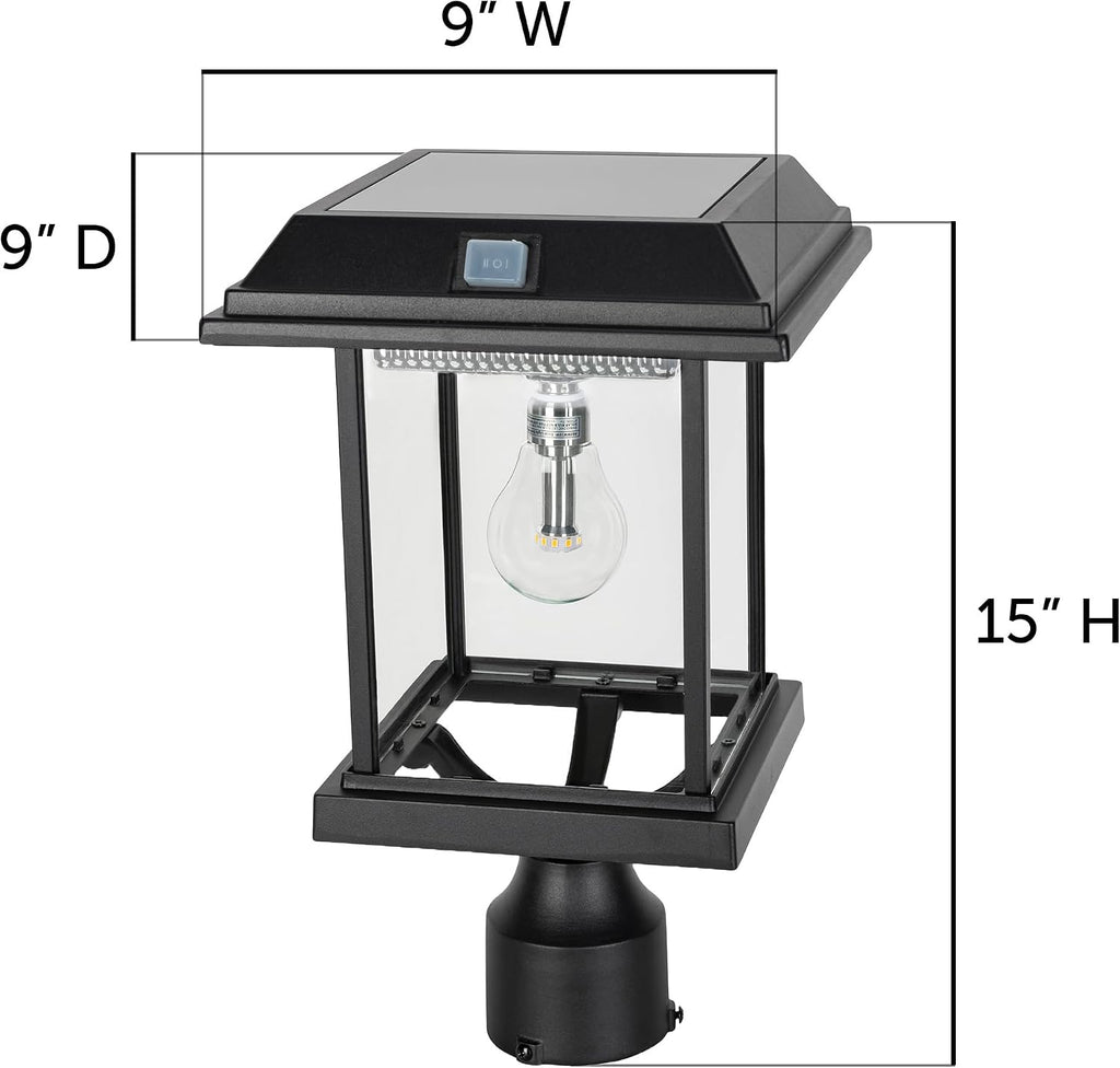 Gama Sonic Aspen II Solar Lamp Post Light Outdoor Waterproof, Black Aluminum with Clear Glass, 3-inch Fitter for Lamp Posts or Pier Mount (Sold Separately), Warm White 2700K, 8BE40012