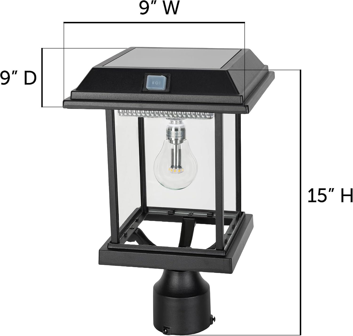 Gama Sonic Aspen II Solar Lamp Post Light Outdoor Waterproof, Black Aluminum with Clear Glass, 3-inch Fitter for Lamp Posts or Pier Mount (Sold Separately), Warm White 2700K, 8BE40012