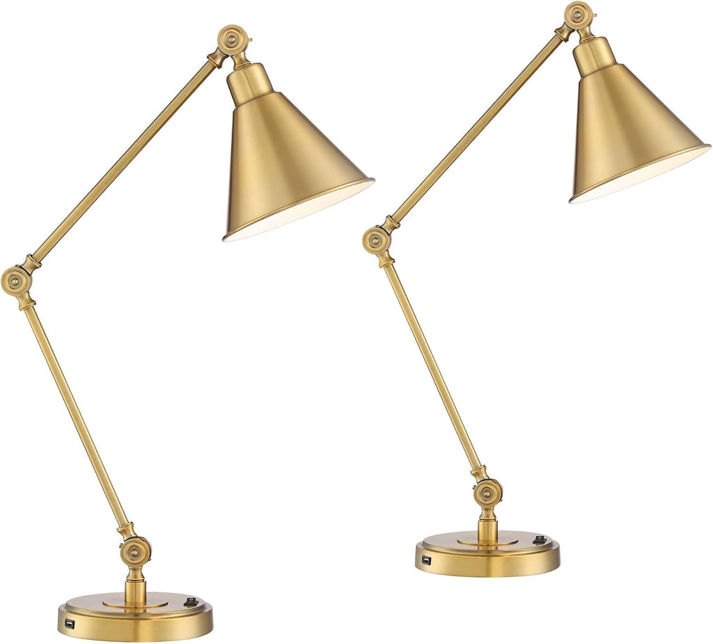 360 Lighting Wray 26 3/4' Tall Modern Desk Lamps Set of 2 USB Port Adjustable Warm Antique Gold Finish Metal Shade Home Office Living Room Charging Bedroom Bedside Nightstand House Reading