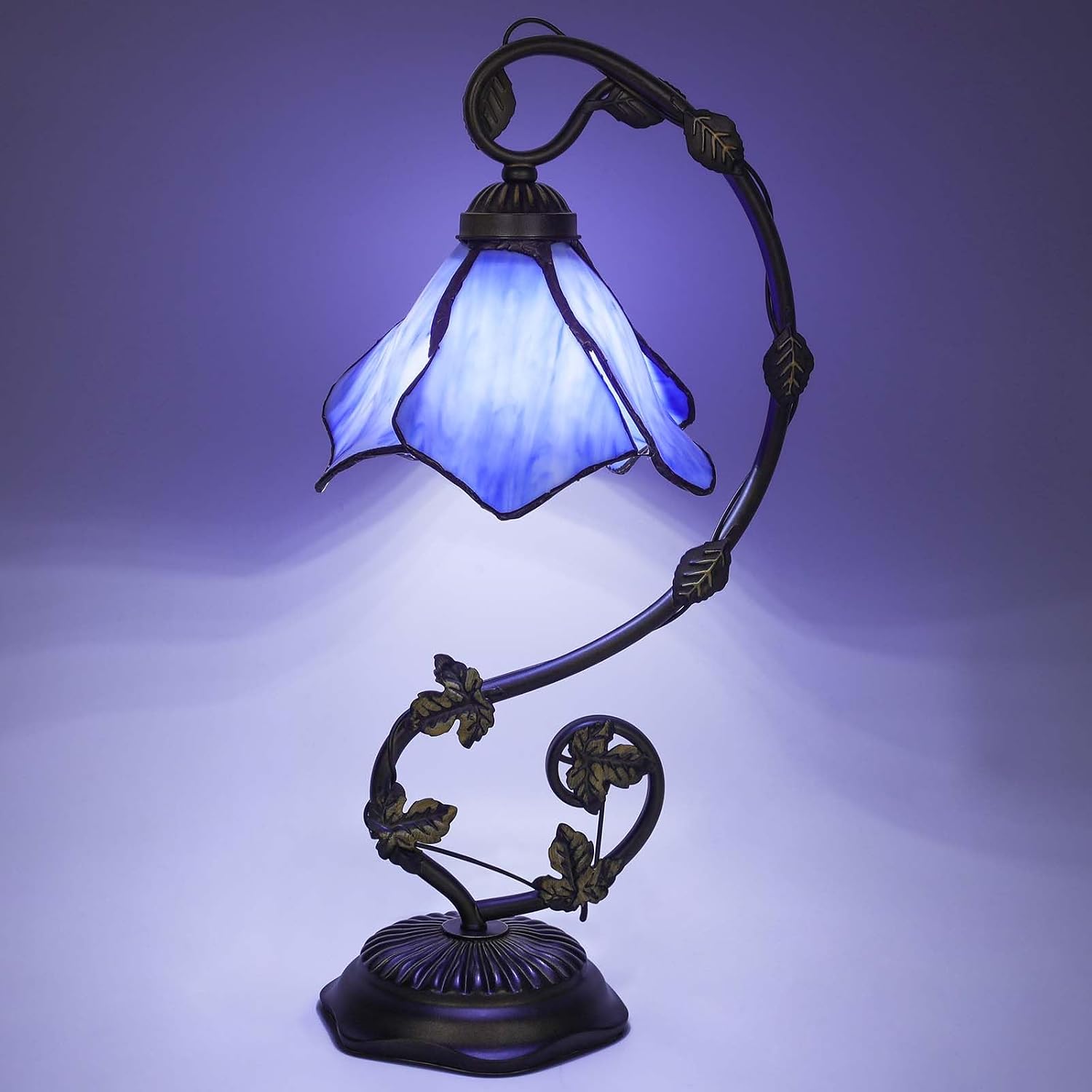 Stained Glass Table Lamp, Blue Flower Style Metal Leaf Base Desk Reading Light, Adjustable 3 Color Temperature Decor for Bedroom Home Office
