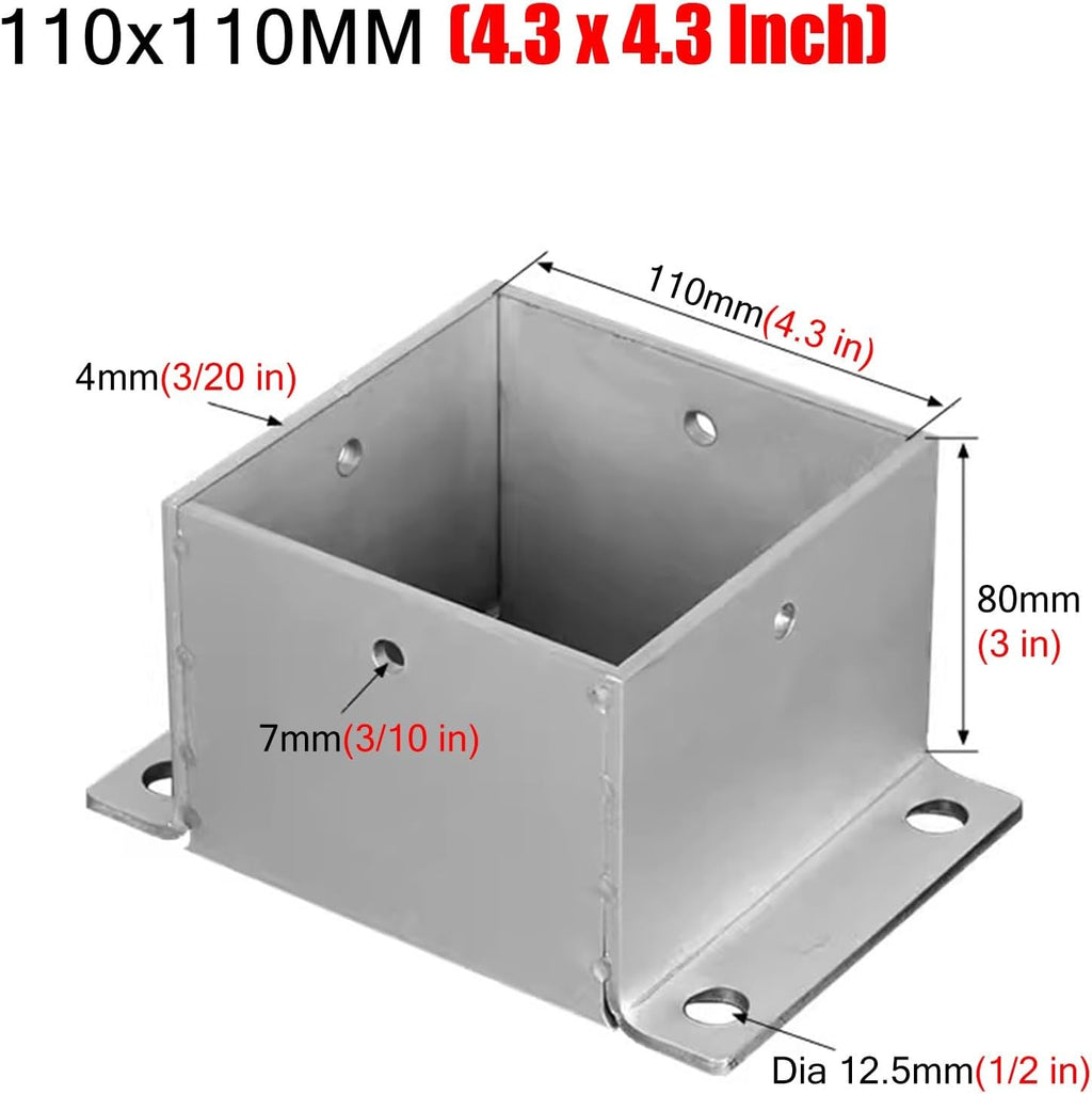 BABYCE Stainless Steel Fence Post Bracket Decking Post Base for Deck Porch Handrail Railing Support, for Concrete, Pergola Stand Boots/Square Mailbox Post Anchors(110x110 mm (4.3x4.3 in))