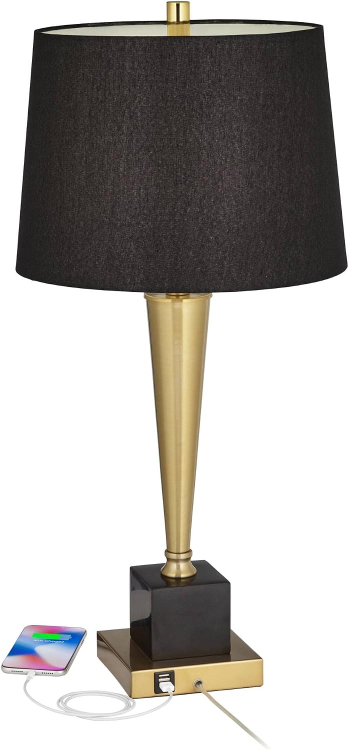 Possini Euro Design Wayne Modern Table Lamps 29 1/4' Tall Set of 2 with USB Charging Port Brass Gold Black Tapered Drum Shade for Bedroom Living Room Nightstand Bedside Night Stand Office Kids Room
