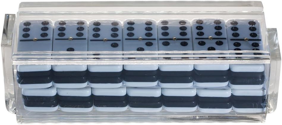 Modern Double Six Jumbo Tiles Dominoes Set, Acrylic Box with Acrylic Lid, Professional Two Toned Black and White Dominoes, Brass Center Rivet, Made in USA (Clear)