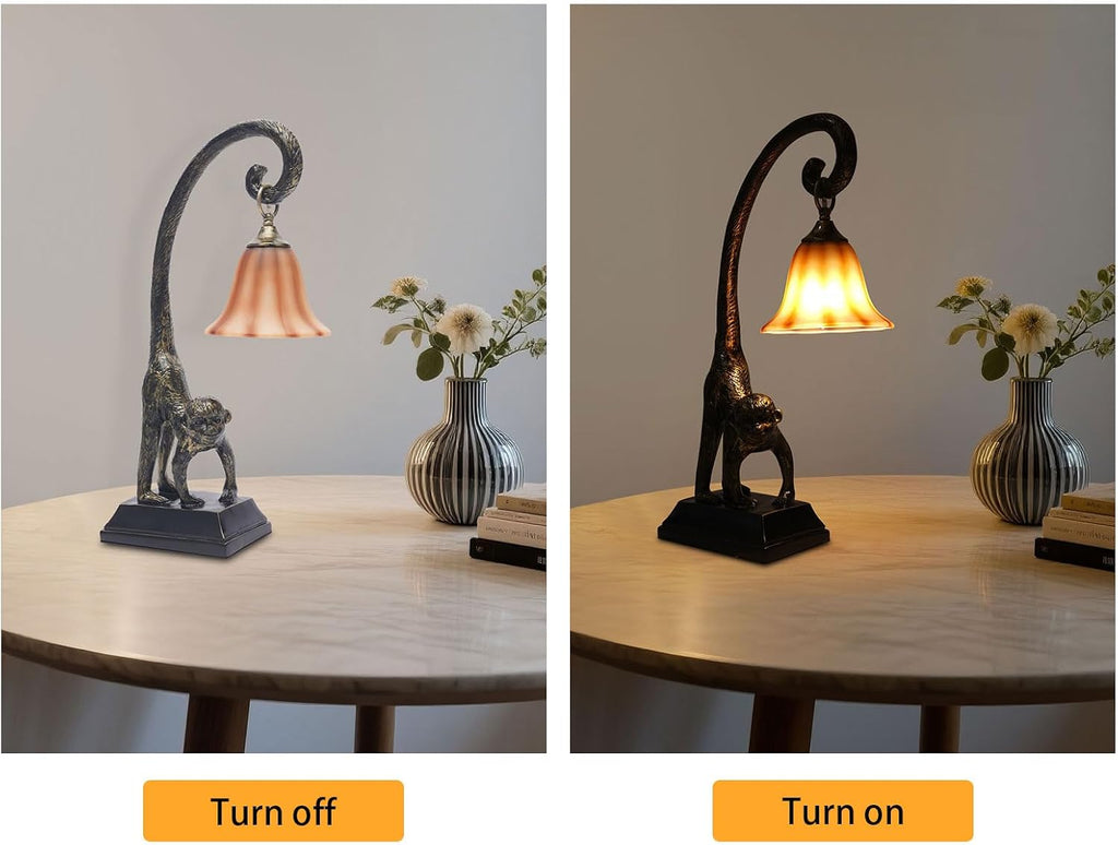 Bedside Table Lamp, Monkey Desk Lamp E26 Creative Animal Gold Resin Bed Side Lamps Sitting Monkey Lighting Fixture for Bedroom Office Bar Cafe Living Room Decor (Right)