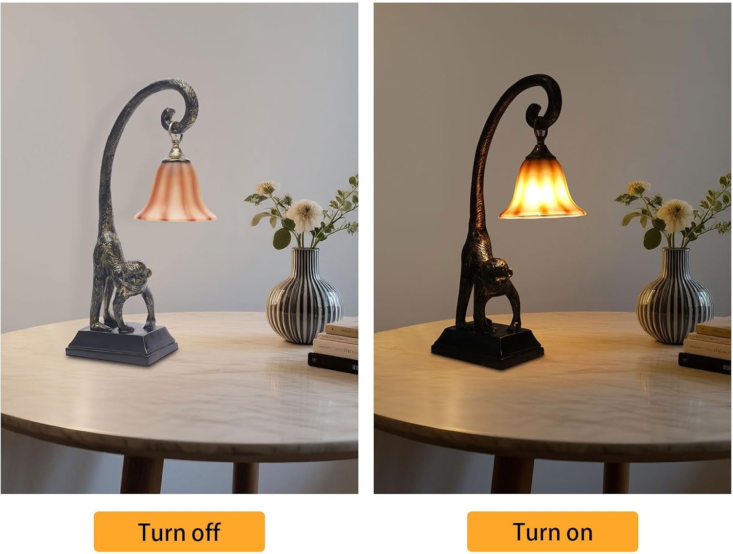 Bedside Table Lamp, Monkey Desk Lamp E26 Creative Animal Gold Resin Bed Side Lamps Sitting Monkey Lighting Fixture for Bedroom Office Bar Cafe Living Room Decor (Right)