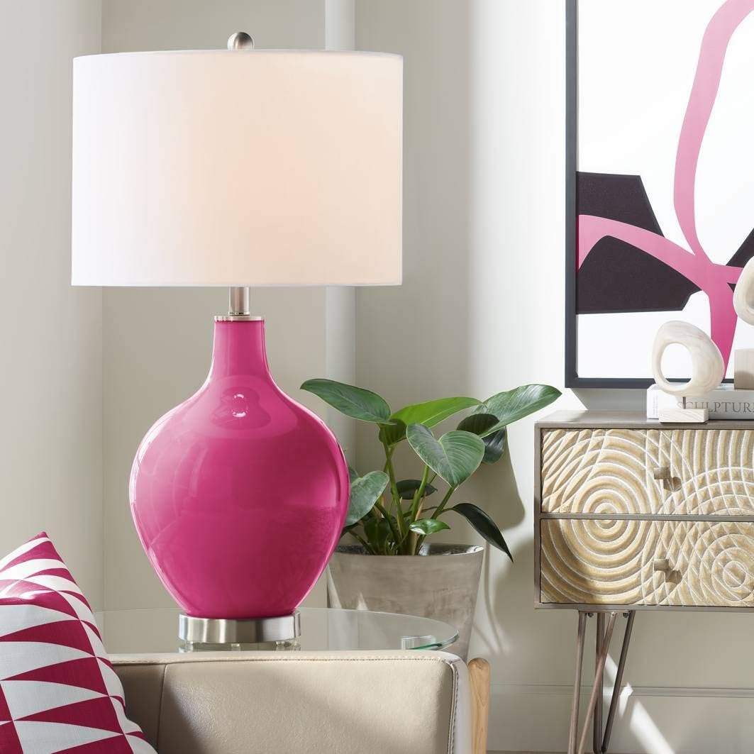 Color + Plus OVO 28 1/2' Tall Modern End Table Lamp Vivacious Pink Finish Glass Single Linen White Shade Living Room Bedroom Bedside Nightstand House Office Home Reading Kitchen Entryway Console