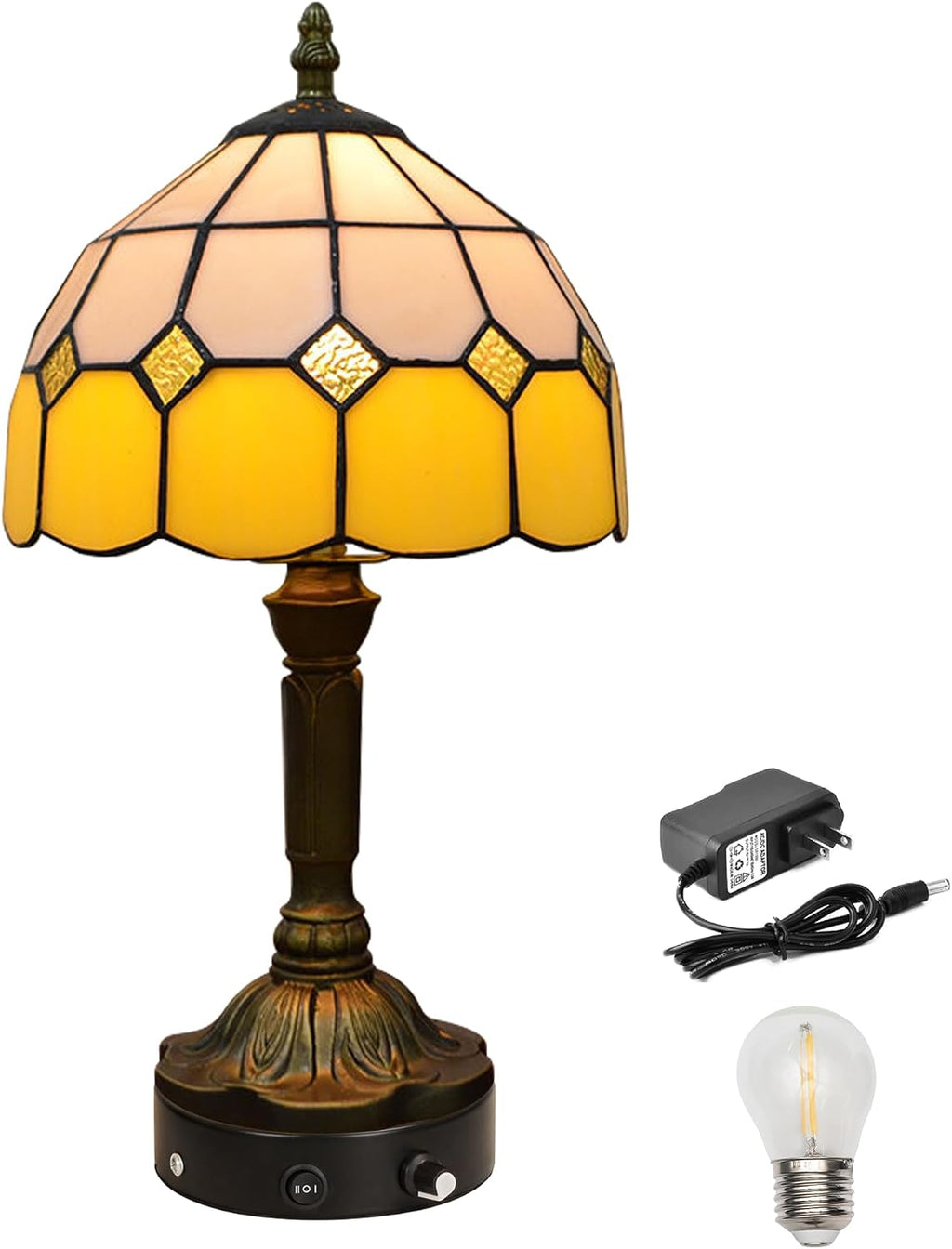 Kiven Cordless Table Lamp, Dimmable Bedside Lamps for Nightstand with Yellow Glass Lampshade, Tiffany-Style Rechargeable Desk Lamp for Reading Home Decor Bedside,1-Light