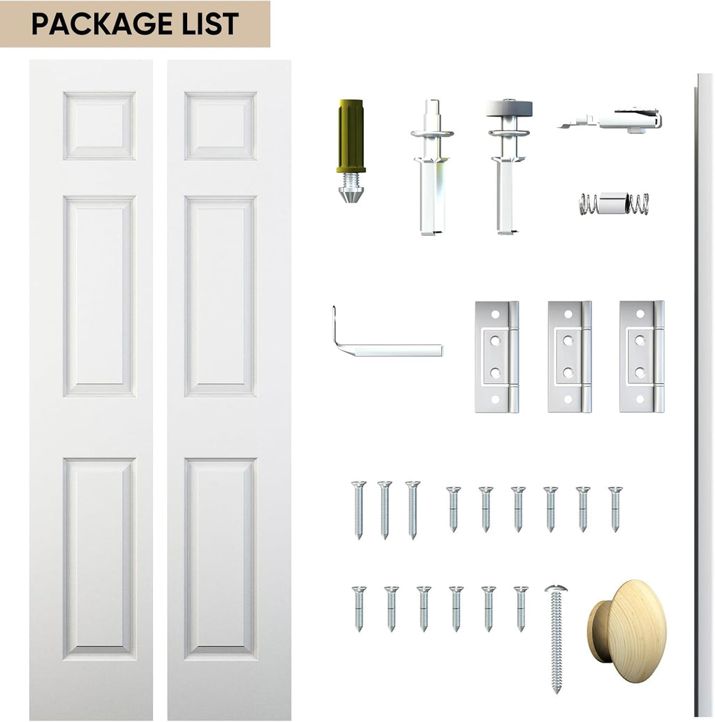 JUBEST Bifold Doors, 6 Panel Primed Bifold Closet Doors for 24'x80' Door Opening, Modern White Hollow Core Bi-Fold Door Slab with Hardware Kit & Knob, Widely Used, Primed