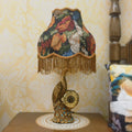 Gold Peacock Table Lamp with Clock Vintage Victorian Table Lamp for Living Room Fabric Shade Antique Bedside Lamp Retro Rustic Desk Nightstand Lamp for Farmhouse Bedroom Home Office Decor