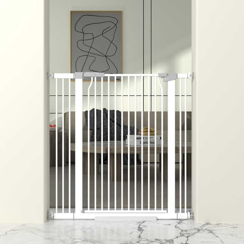 41' Extra Tall Baby Gate for Doorway, 29.6-40.5'' Metal Pet Baby Safe Gate, Extra Wide Pressure Mounted Child Door with Expansion Kit, No Drilling Cat Fence Indoor, No Climb Cat Proof Gate, White