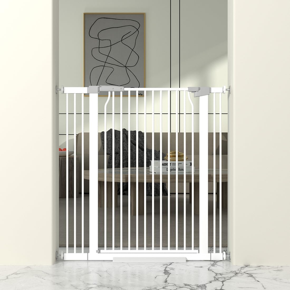 41' Extra Tall Baby Gate for Doorway, 29.6-40.5'' Metal Pet Baby Safe Gate, Extra Wide Pressure Mounted Child Door with Expansion Kit, No Drilling Cat Fence Indoor, No Climb Cat Proof Gate, White