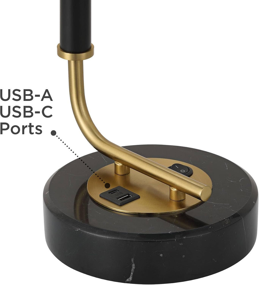 Possini Euro Design Myles 24' High Mid Century Modern Desk Lamp with USB Charging Ports A+C Black Gold Metal Drum Shade Decor for Bedroom Living Room Bedside Nightstand House Home Office