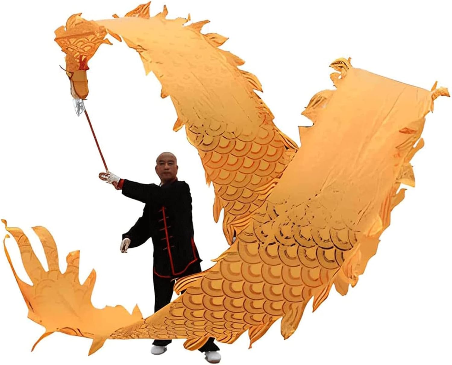 NOLLAM Outdoor 3D Colorful Dragon Dance Ribbon Streamer 75cm/29.5 in Chinese Silk Flowy Spinning & Shaking Poi for Outdoor Fitness Exercise Wu Long, 0.4KG, Gold