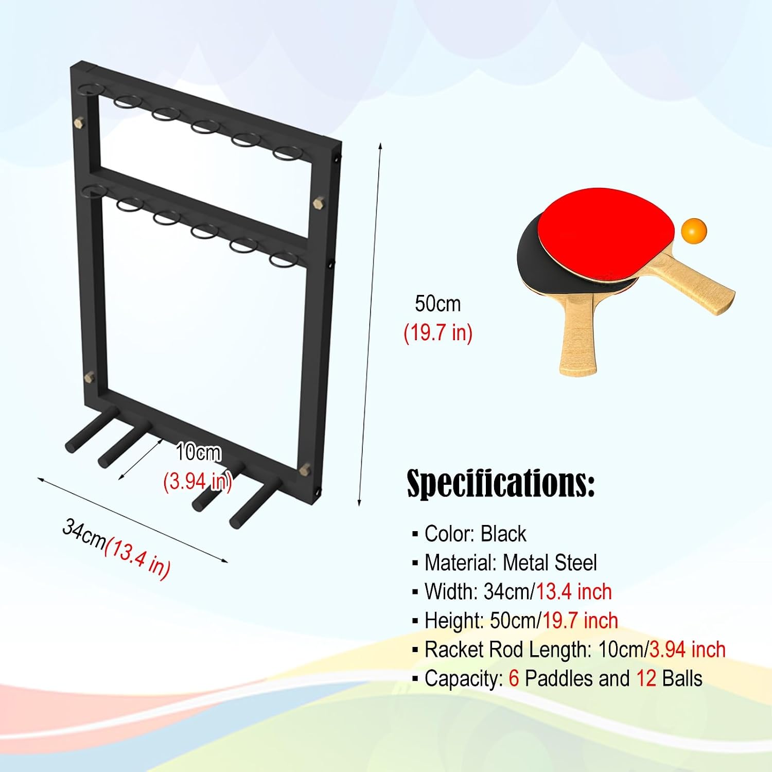 Ping Pong Paddles Holder Wall Mount, Metal Table Tennis Storage Rack for Game Room/ Man Cave/ Apartment - Holds 6 Paddles & 12 Balls, Space Saving Display Stand Holder Shelf Sport Equipment Organizer