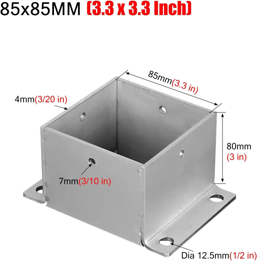 Stainless Steel Fence Post Bracket Decking Post Base for Deck Porch Handrail Railing Support, for Concrete, Pergola Stand Boots/Square Mailbox Post Anchors(85x85 mm (3.3x3.3 in))