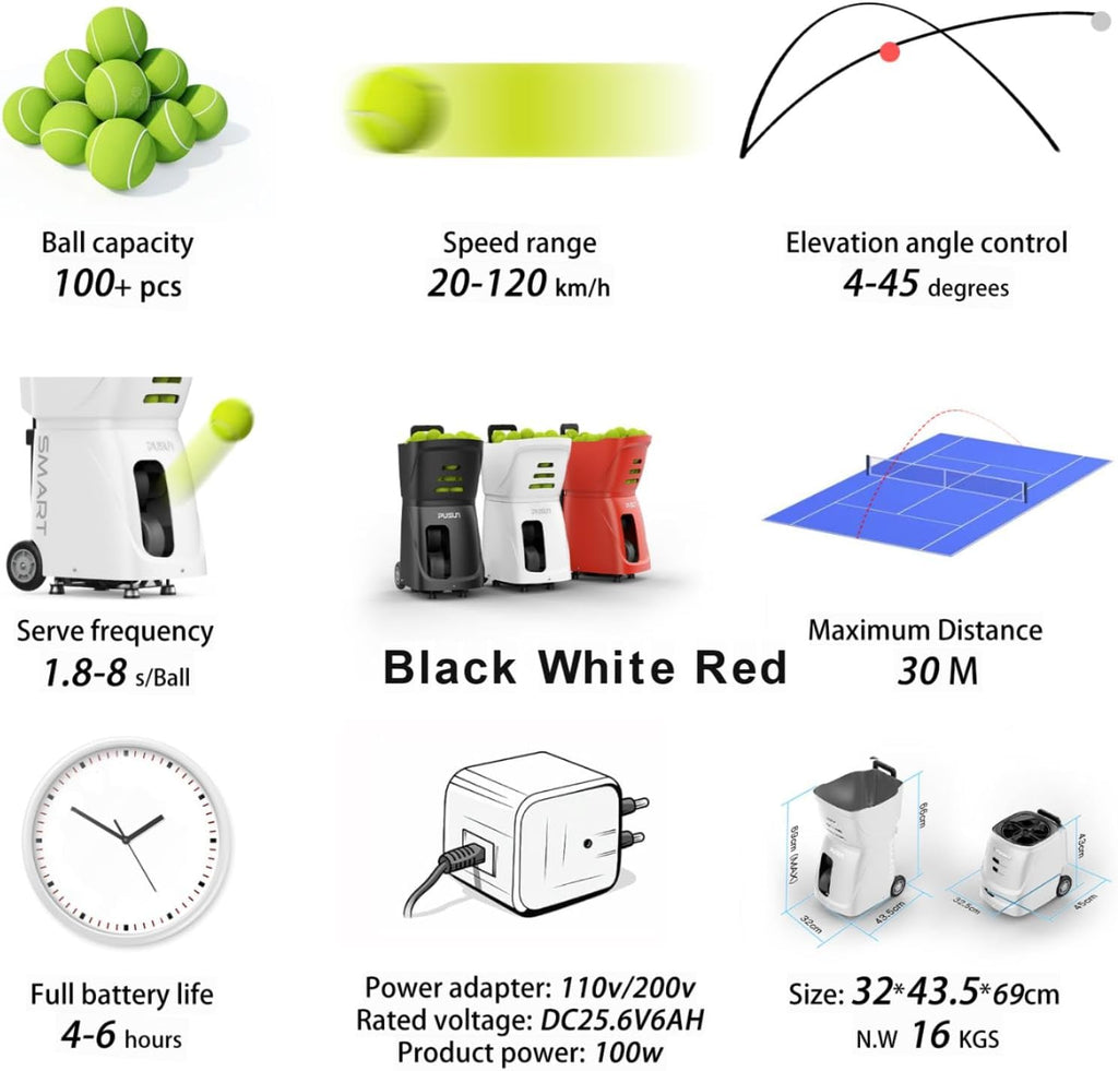 PT-SMART Tennis Ball Machine - Smart App for Apple Watch & Phone Control, Tennis Ball Launcher with 20 Landing Points, 12 Training Modes & 4-6h Battery Life, Tennis Serving Machine