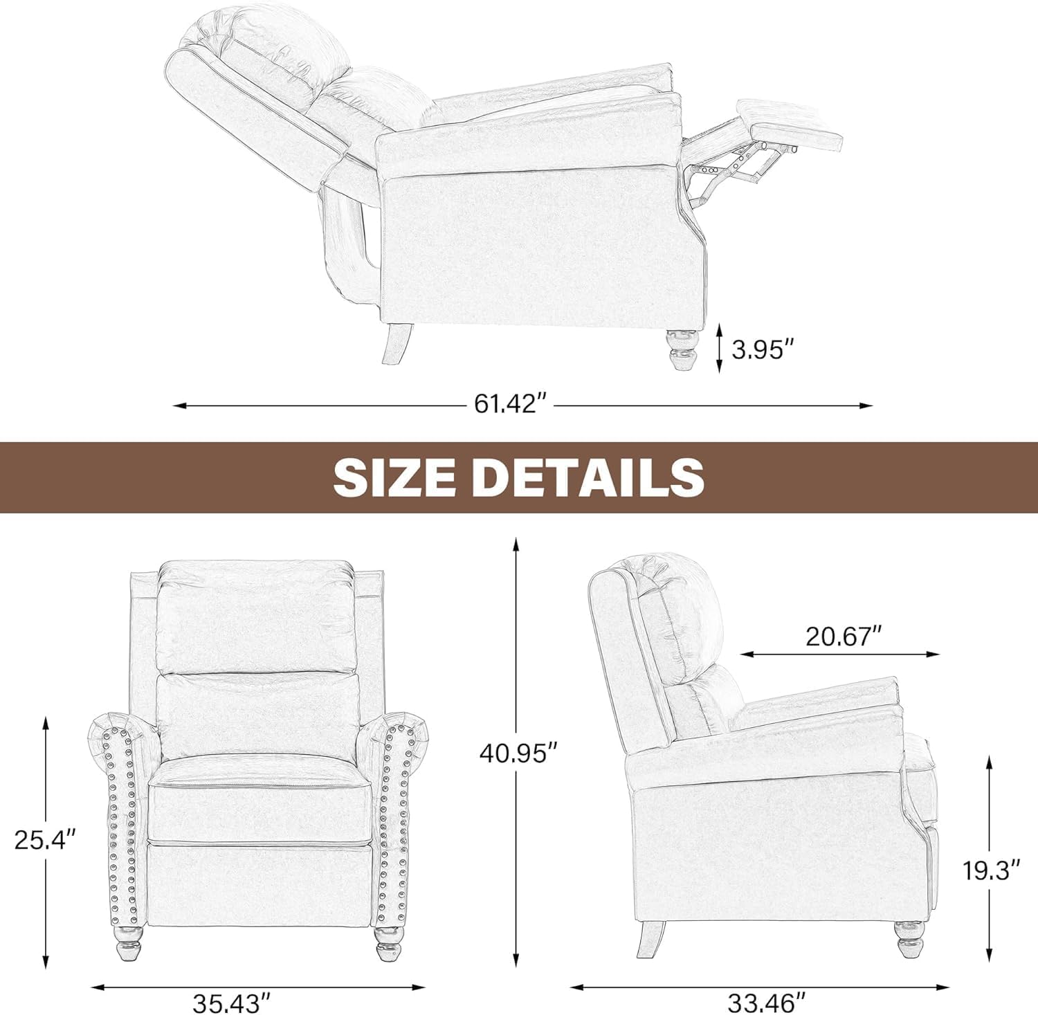 Floral Pushback Recliner Chairs Set of 2, Fabric Overstuffed Armchair Push Back Accent Chair for Living Room, Rivet Trim Club Chair Home Theater Single Sofa Bedroom Reading Seat