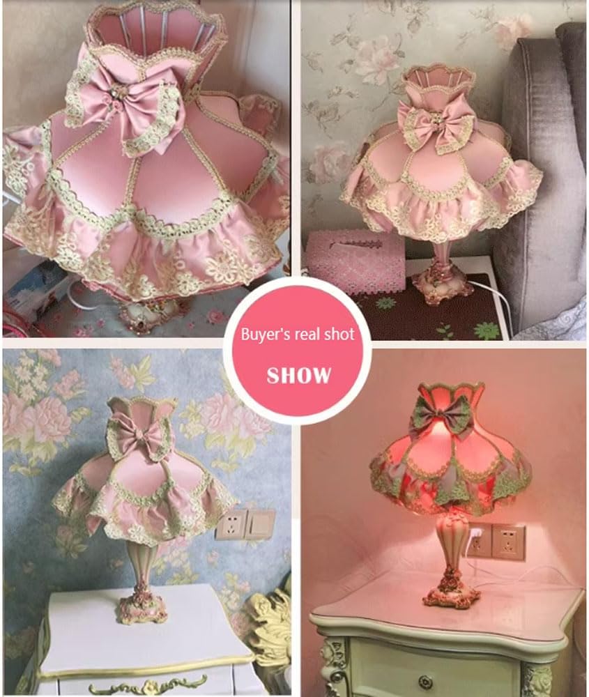 European Style Pink Table Lamp Lace Bow Fabric Drum Shade and Antique Resin Base Decor Classic Bedside Desk Nightstand Lamp for Girl's Bedroom Living Room