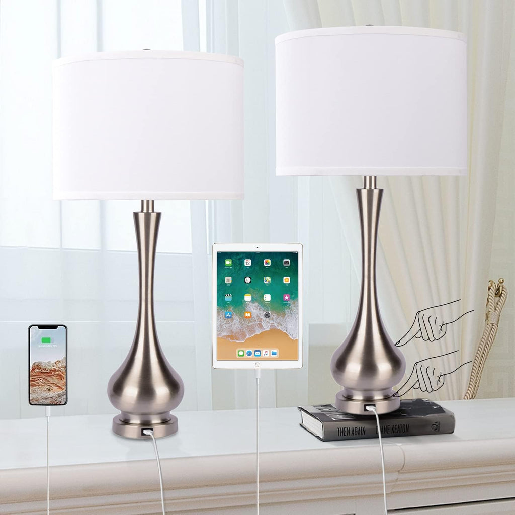 30' Large Modern Table Lamps Set of 2 for Living Room Bedroom with USB Charging Port,3-Way Dimmable Brushed Steel Nightstand Lamp Sets Bedside Touch Desk Lamp with White Fabric Shade (Bulb Included)