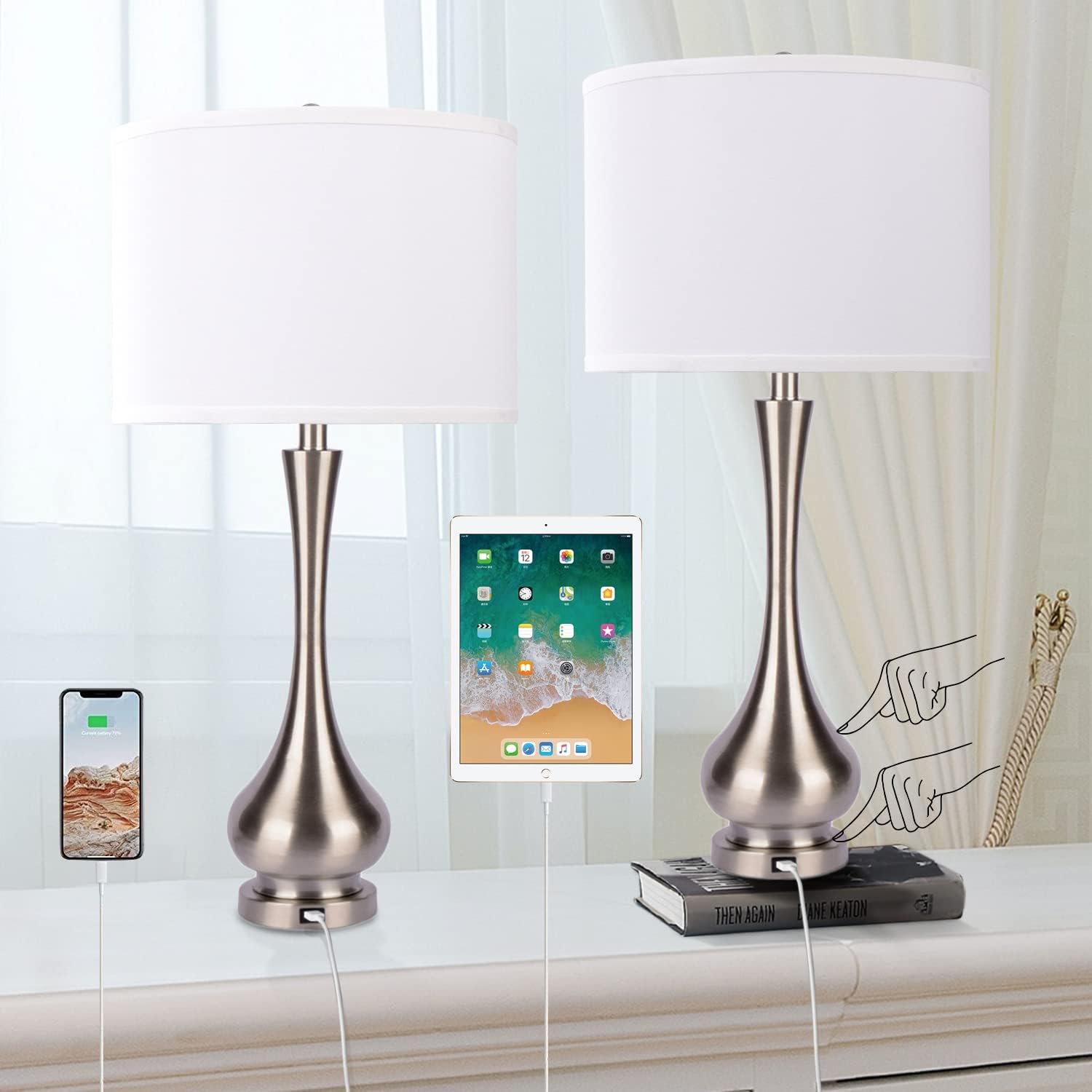 30' Large Modern Table Lamps Set of 2 for Living Room Bedroom with USB Charging Port,3-Way Dimmable Brushed Steel Nightstand Lamp Sets Bedside Touch Desk Lamp with White Fabric Shade (Bulb Included)