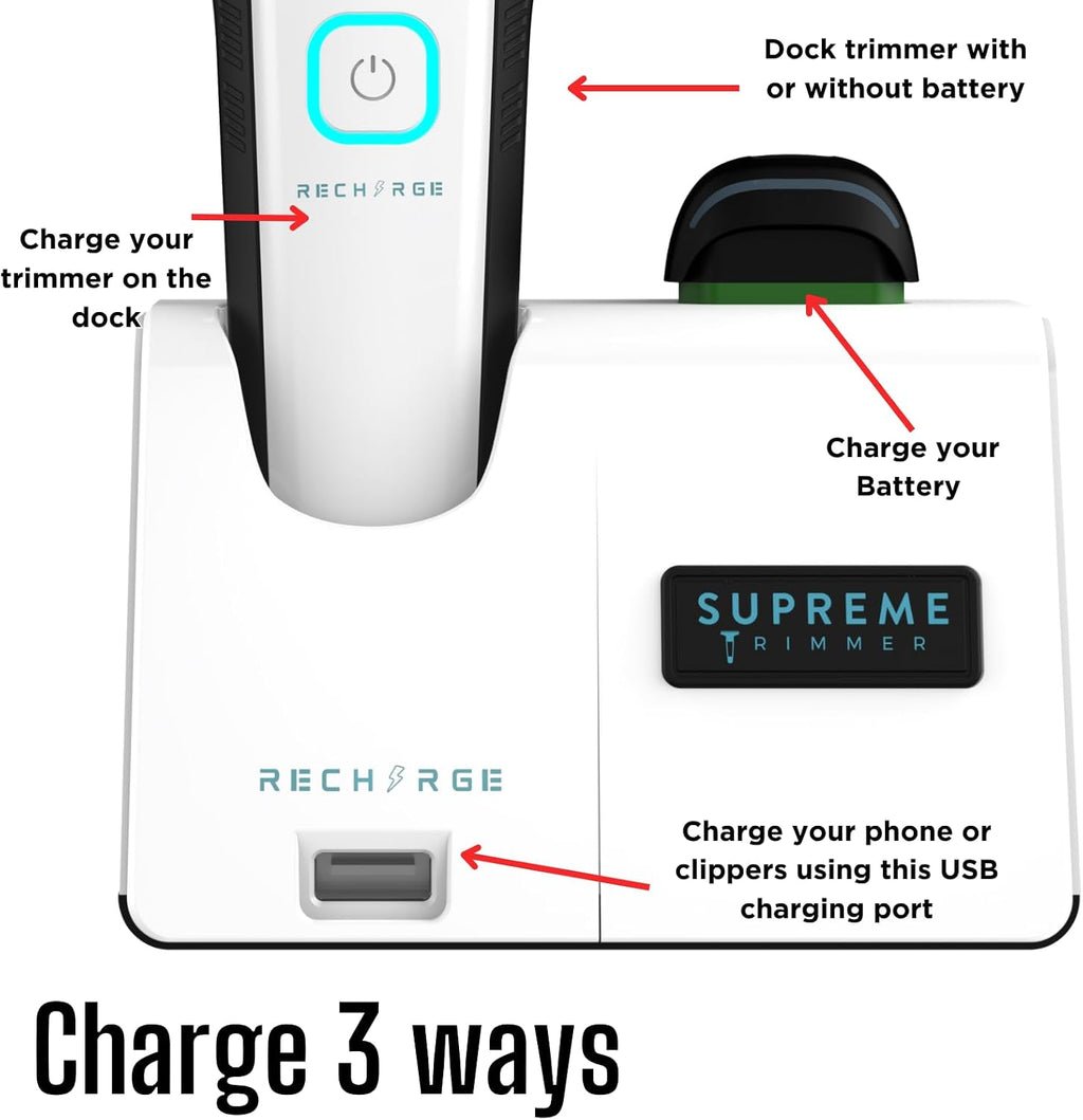 Supreme Trimmer 2-in-1 Recharge Hair Clipper & Beard Trimmer Combo | 7500 RPM, Removable Battery, Smart USB Charging Base | STC779 + ST777