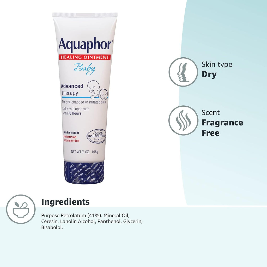 Aquaphor Baby Healing Ointment Advanced Therapy Skin Protectant, Dry Skin and Diaper Rash Ointment, 7 Oz Tube (Pack of 12)