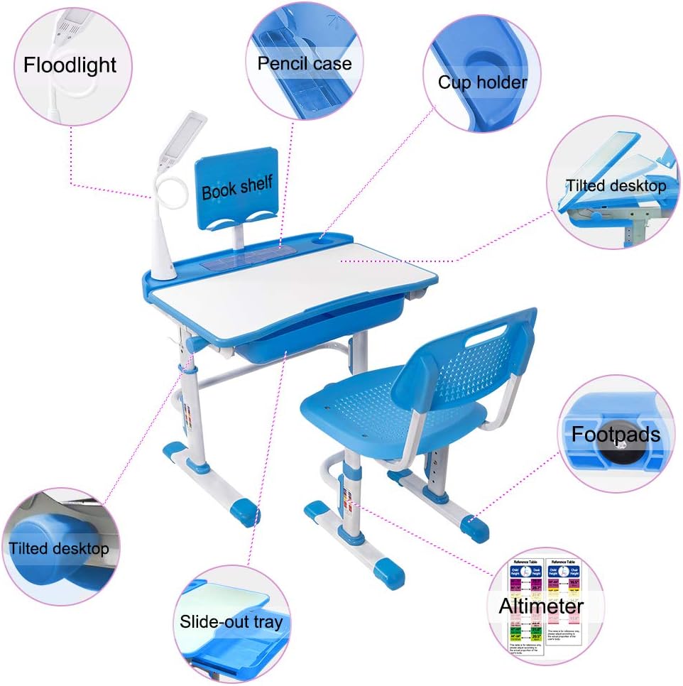 Yinleader Kids Desk and Chair Set,Height Adjustable,Spacious Storage Drawer,with Adjustable Tilted Desktop, Bookstand, Touch Led Lamp for School Student (Blue Set)