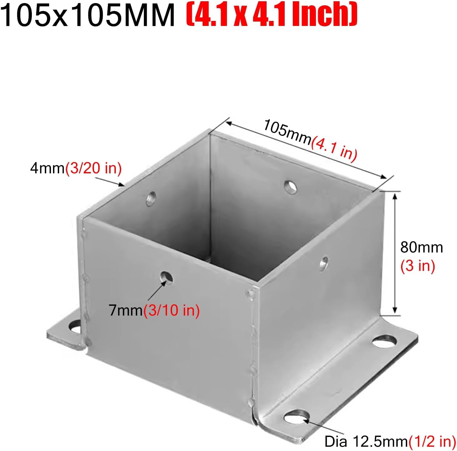 Stainless Steel Fence Post Bracket Decking Post Base for Deck Porch Handrail Railing Support, for Concrete, Pergola Stand Boots/Square Mailbox Post Anchors(105x105 mm (4.1x4.1 in))