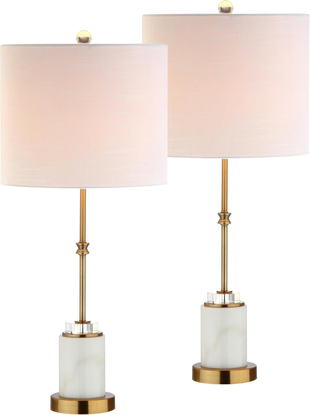JONATHAN Y 27' Marble and Brass Gold Table Lamp Set of 2, Modern Glam Crystal Column Lamp with White Linen Drum Shade for Living Room Bedroom, LED Bulbs Included JYL5003A-SET2