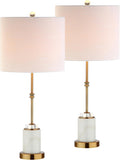 JONATHAN Y 27' Marble and Brass Gold Table Lamp Set of 2, Modern Glam Crystal Column Lamp with White Linen Drum Shade for Living Room Bedroom, LED Bulbs Included JYL5003A-SET2