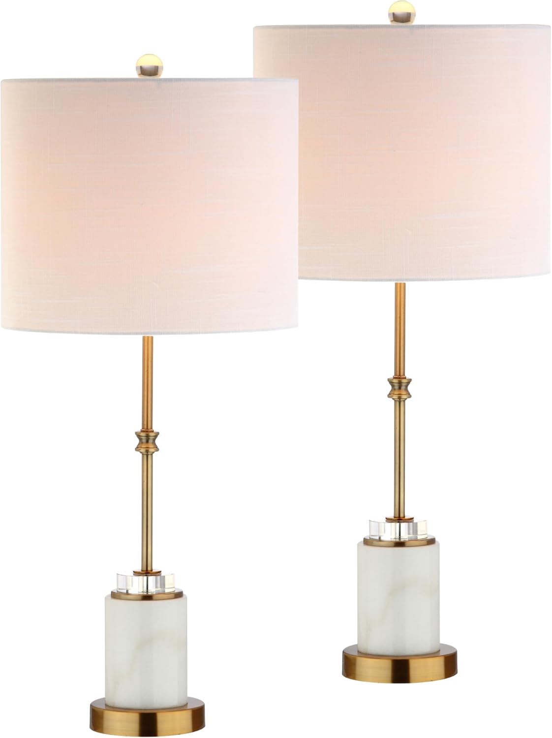 JONATHAN Y 27' Marble and Brass Gold Table Lamp Set of 2, Modern Glam Crystal Column Lamp with White Linen Drum Shade for Living Room Bedroom, LED Bulbs Included JYL5003A-SET2