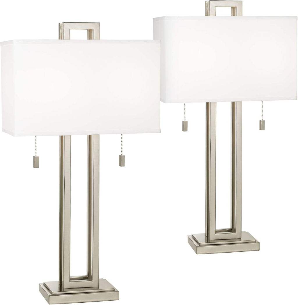 Possini Euro Design Gossard 30' Tall Rectangle Large Modern End Table Lamps Set of 2 Pull Chain Silver Brushed Nickel Finish Metal White Shade Living Room Bedroom Bedside Nightstand House Office