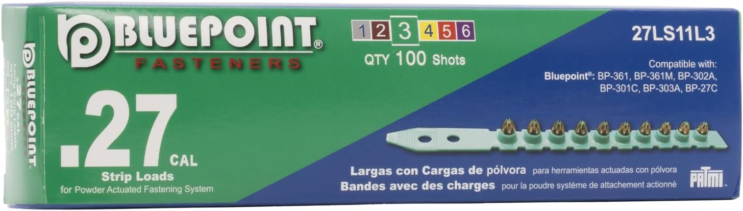 BLUEPOINT .27 Caliber Green Strip Powder Loads for Power Actuated Fastening System (1000 Count). Item# 27LS11L3. Ideal for Reliable Fastening Applications. 10-Pack Save $30