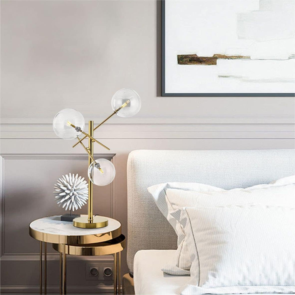 KCO Lighting Modern Gold Table Lamp 3-Light Glass Globe Night Lamp Mid Century Antique Brass Indoor Bubble Shade Standing Lighting Metal Desk Light for Bedroom Study Room Hotel