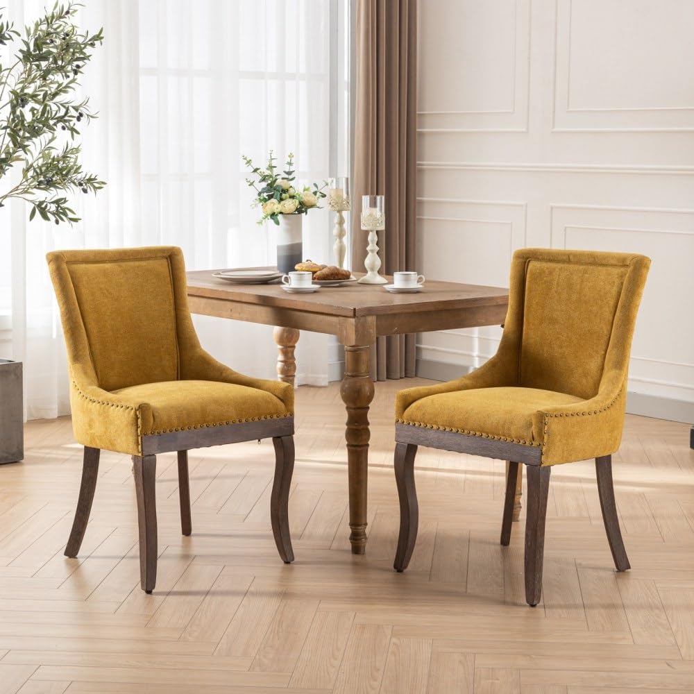 Dining Chairs Set of 2, Thickened Fabric Upholstered Chair with Neutral Solid Wood Legs & Bronze Nailhead Trim, Comfortable Accent Chairs for Dining Room/Kitchen/Living Space(Golden + Fabric)