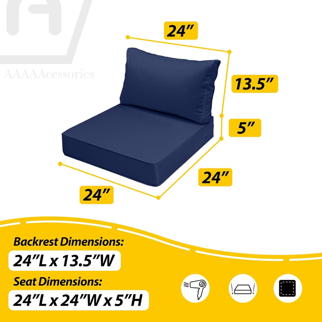 AAAAAcessories Outdoor Deep Seat Cushions, Waterproof, Fade-Resistant Patio Furniture Replacement Cushions, 24' x 24' x 5' + 24' x 13.5', Set of 4, Navy Blue