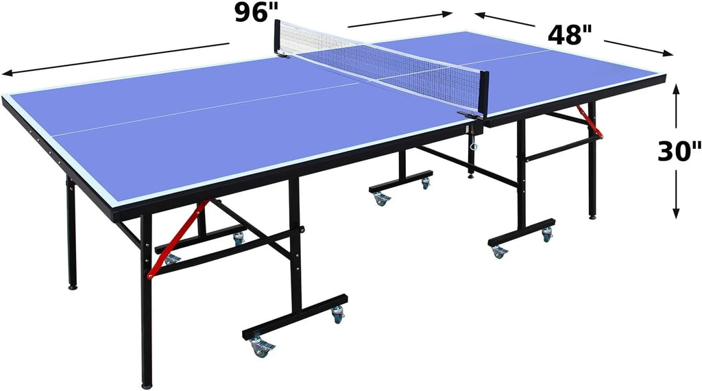Ping Pong Table Foldable & Portable 6/8/9FT Table Tennis Table Set for Indoor & Outdoor Games with Net & Post, 2 Table Tennis Paddles and 3 Balls (Blue-8FT with Wheels)