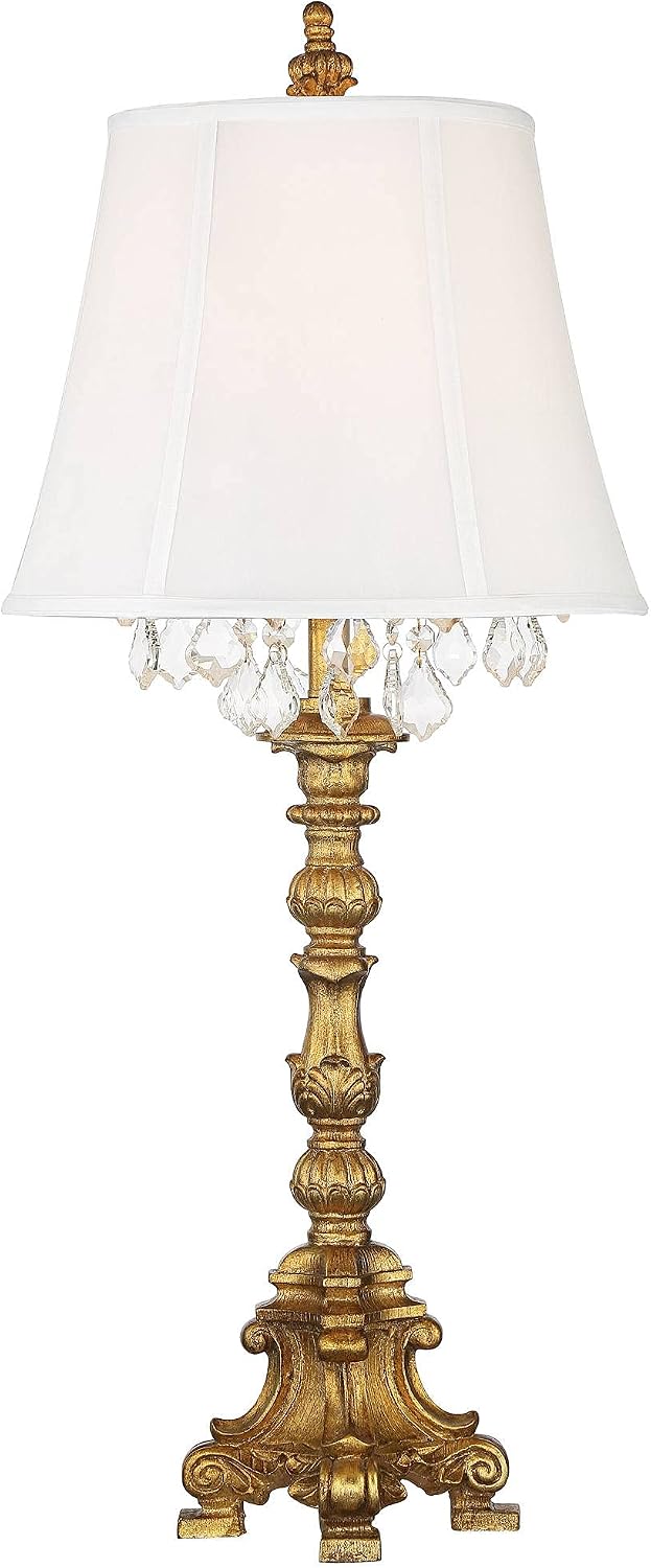 Barnes and Ivy Duval Traditional French Style Table Lamp 34' Tall Bright Gold Candlestick Crystal White Fabric Bell Shade for Living Room Bedroom House Bedside Nightstand Home Office Entryway