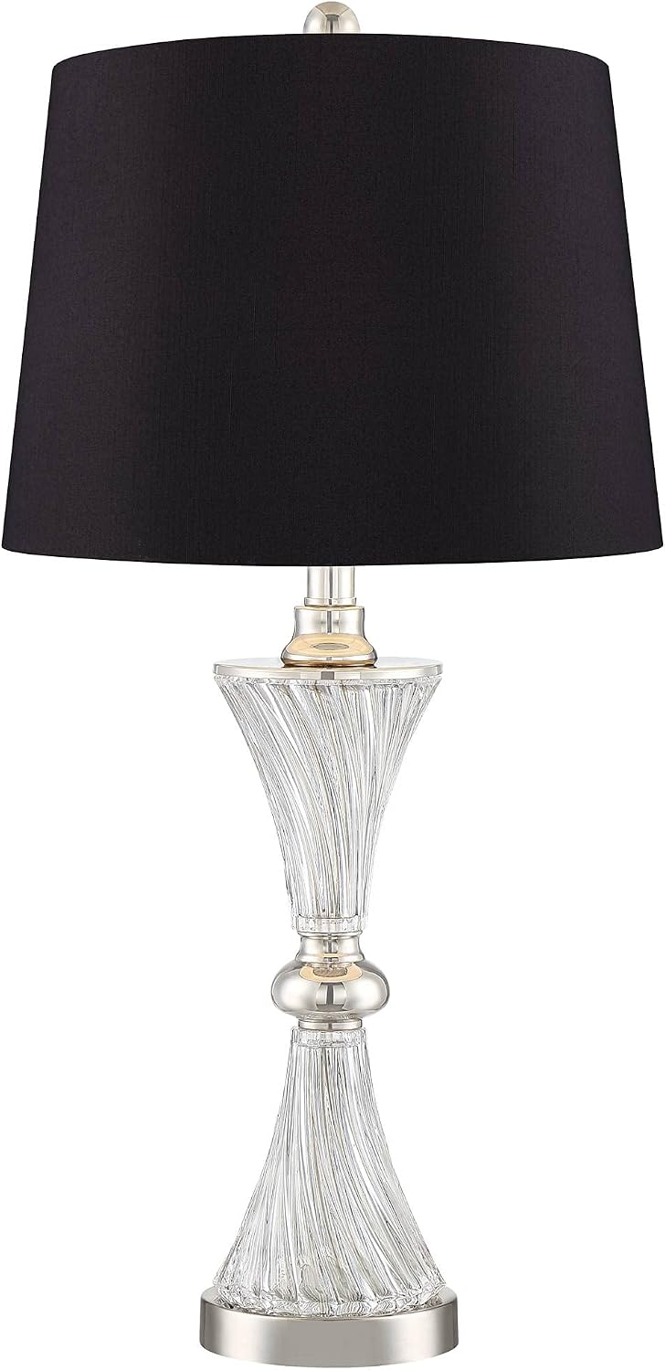 Regency Hill Luca Modern Glam Luxury Table Lamps 25.5' High Set of 2 with USB Port Clear Glass Chrome Black Fabric Drum Shade Decor for Living Room Bedroom House Bedside Nightstand Home