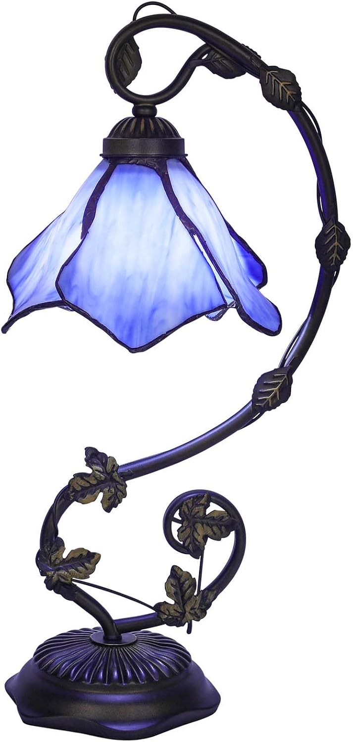 Stained Glass Table Lamp, Blue Flower Style Metal Leaf Base Desk Reading Light, Adjustable 3 Color Temperature Decor for Bedroom Home Office