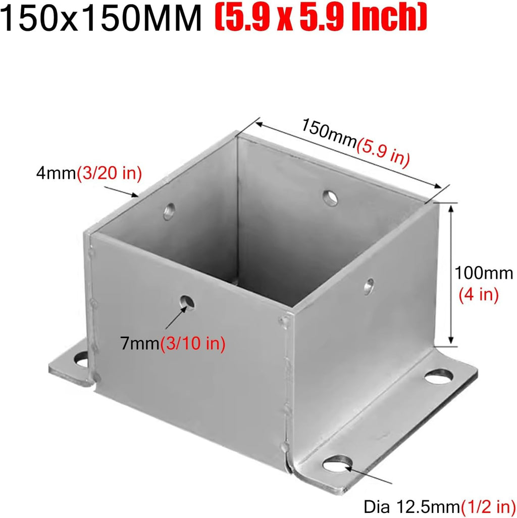 Stainless Steel Fence Post Bracket Decking Post Base for Deck Porch Handrail Railing Support, for Concrete, Pergola Stand Boots/Square Mailbox Post Anchors(150x150 mm (5.9x5.9 in))