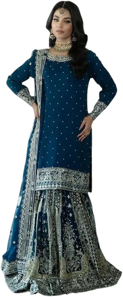 KRIYANSH CRAFT Women's Faux Georgette Embroidered Straight Kurta with Sharara & Dupatta Set with Rivet Moti Work