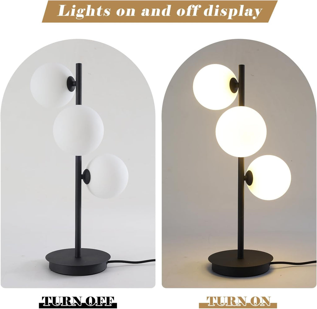 Mid Century Modern Table Lamp, Black Nightstand Lamp, White Glass Globe Desk Lamp, 3 Lights Contemporary Bedside Lamp for Bedroom Living Room Study Room