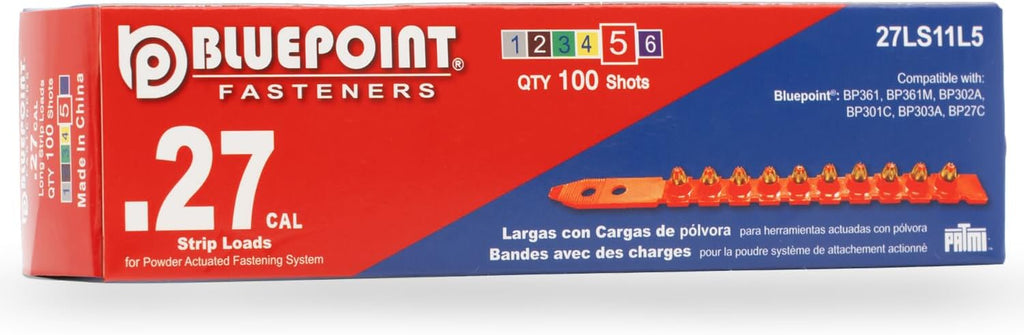 BLUEPOINT .27 Caliber RED Strip Powder Loads for Power Actuated Fastening System (1000 Count). Item#27LS11L5. Ideal for Reliable Fastening Applications. 10-Pack Save $30
