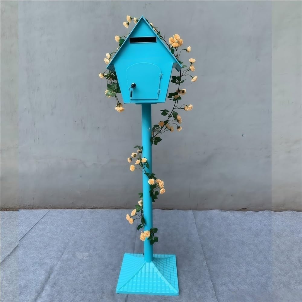 Iron Post Mailbox with Stand, Decorative Cottage Mail Box with Artificial Flowers, Outdoor Mailbox for Courtyard and Exterior Use(Blue)