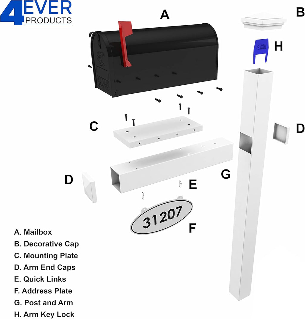 4Ever Products The Southport Vinyl Mailbox Post System - Includes Black Steel Mailbox and Custom Street Address